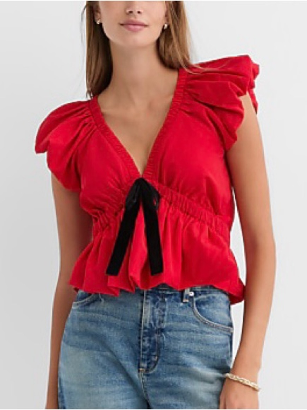 LOFT Red V-Neck Ruffle Sleeve Tie-Front Blouse with Black Ribbon